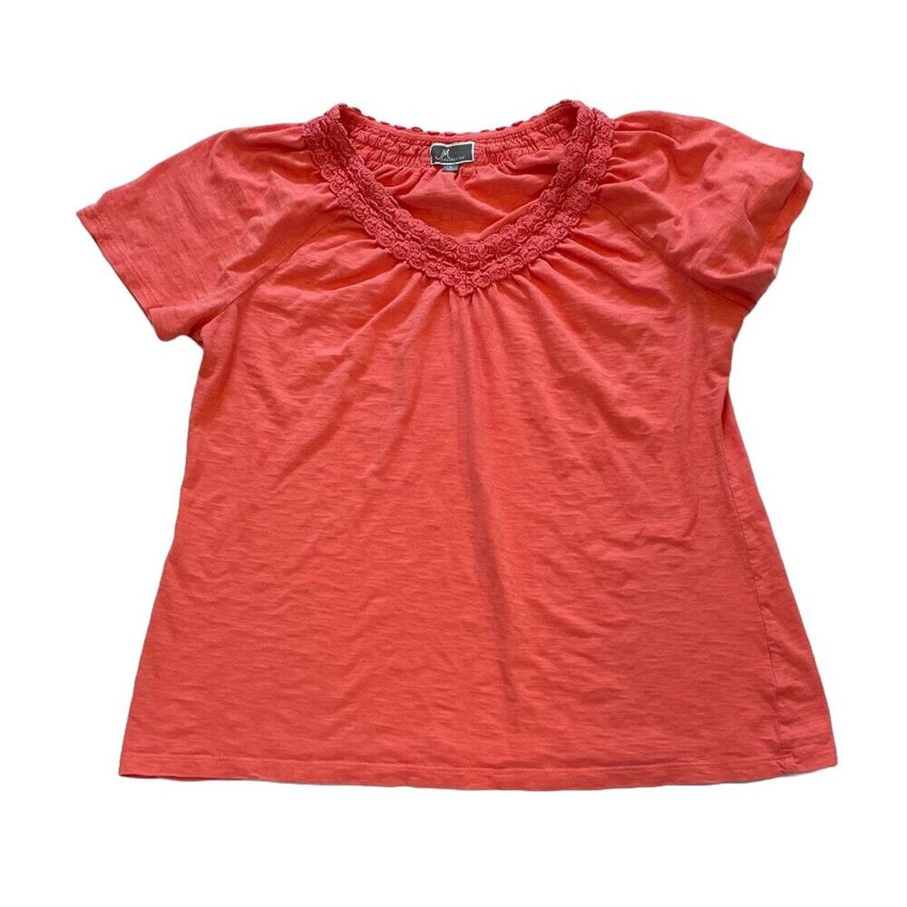 JM Collection Coral Pink Cotton Short Sleeve V-Neck T-Shirt Embroidered Neck, L